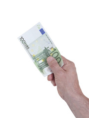 Hand hält 100 Euro Schein, isoliert auf weis