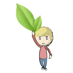 Boy holding leaves. Vector design.
