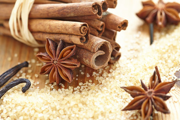 Cinnamon sticks, brown sugar and anise stars