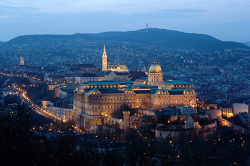 Buda Castle in floodlight in Budapest, Hungary.