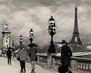 Poster Im Rahmen Zeichnung der Brücke Alexander III in Paris mit Eiffelturm © Isaxar