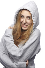 Obraz premium Junge Frau mit grauem Kapuzenpulli