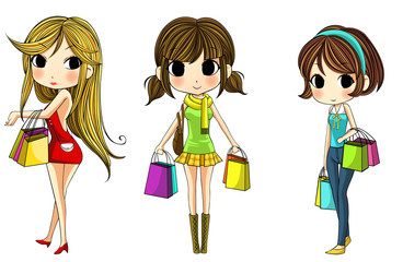 Cute stylish cartoon girls in shopping set