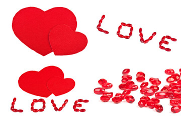 Collage of red textile hearts and beads