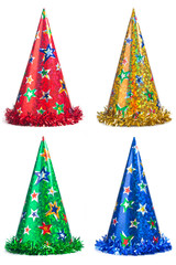 Set of shiny party hats on white background