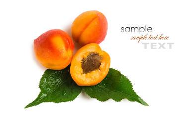 Sweet bright apricots with leaves on a white background