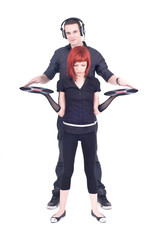 I am DJ! DJ mix music with girl which holding vinyl records.