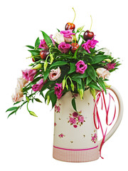Colorful flower bouquet from roses and fruits in vase isolated o