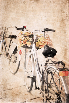 artwork in vintage style,  bicycles outdoor autumn