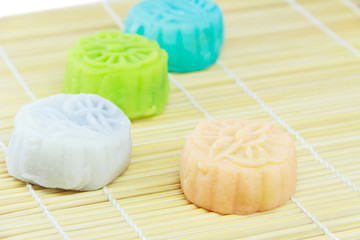 snow skin mooncakes isolated on bamboo
