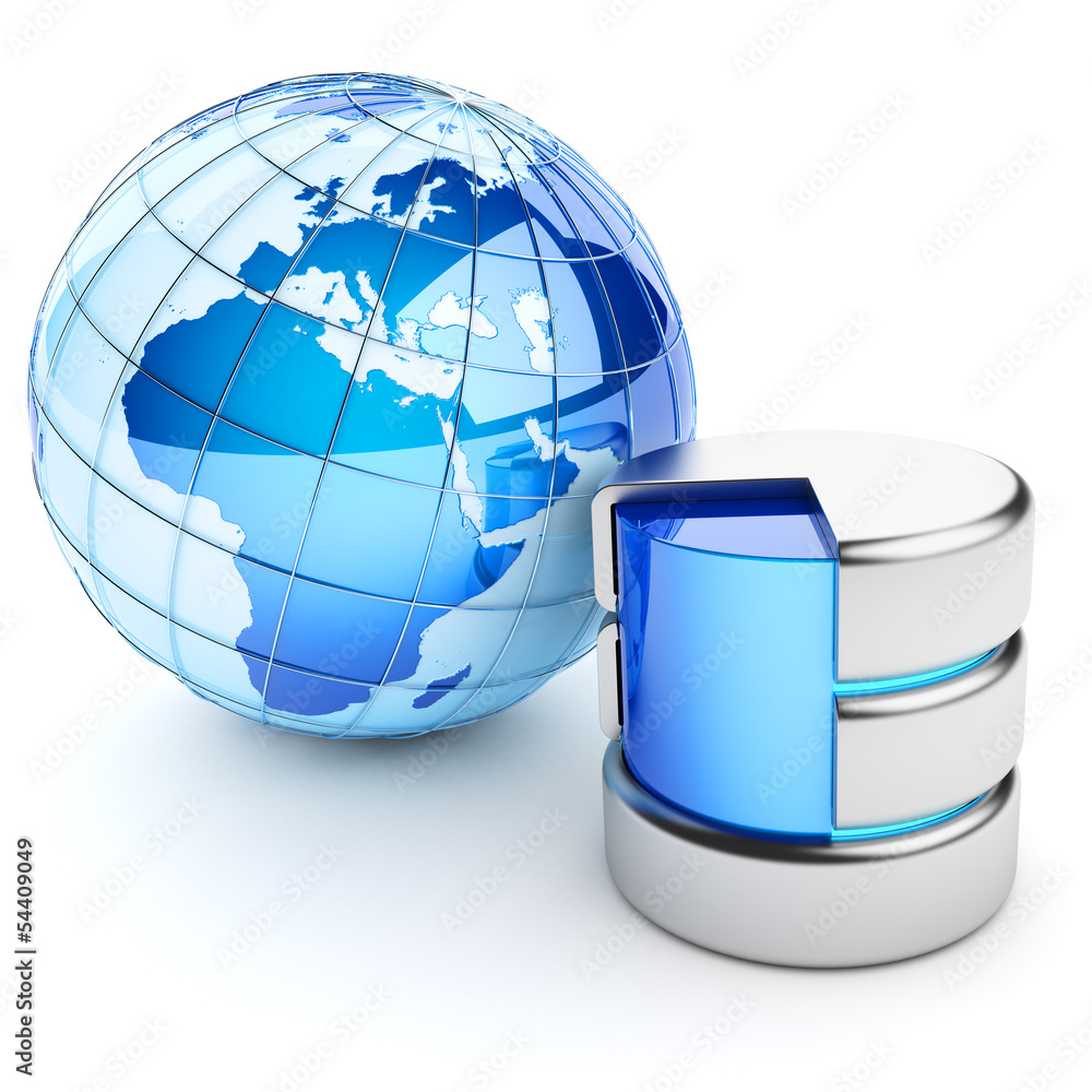 Poster global data repository. hosting concept. isolated on white.