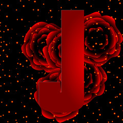Alphabet on a background of red roses Letter J