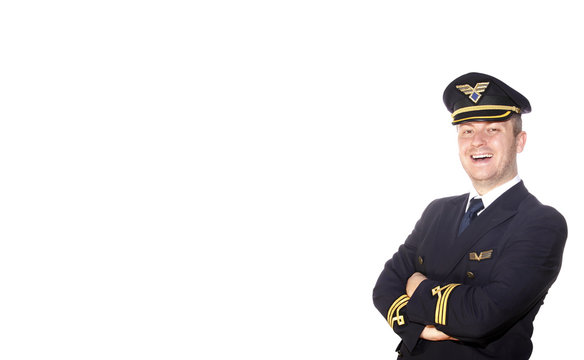 Airliner pilot in uniform on white background