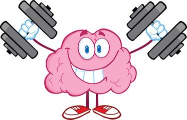 Smiling Brain Cartoon Character Training With Dumbbells