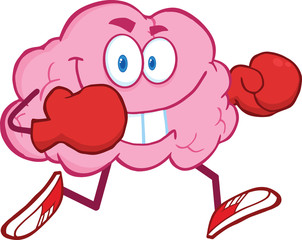 Brain Cartoon Character Running With Boxing Gloves
