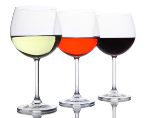 Assortment of wine in glasses isolated on white