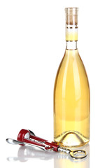 Corkscrew and bottle of wine isolated on white