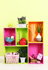 Shelves of different bright colors with decorative addition