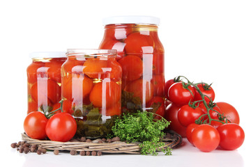 Tasty canned and fresh tomatoes, isolated on white