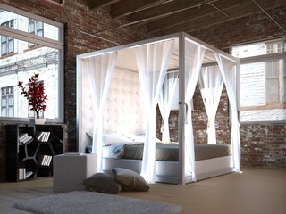 White canopy bed in a loft with brick wall - obrazy, fototapety, plakaty