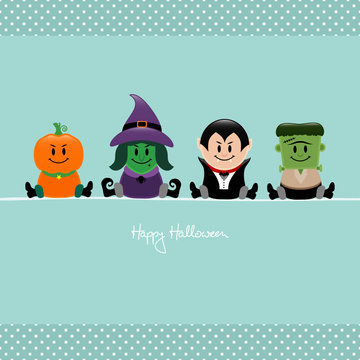 Halloween Pumpkin, Witch, Dracula & Frankenstein Retro Dots
