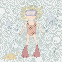 Childrens illustration of a girl under the water