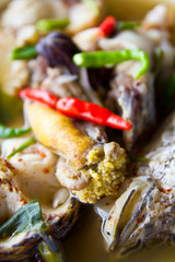 Background details of fish soup, with egg, head And meat of it
