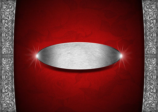 Red And Silver Floral Background With Metal Plate