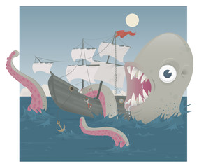 Sea Monster attacking a Pirate Ship - 54428441