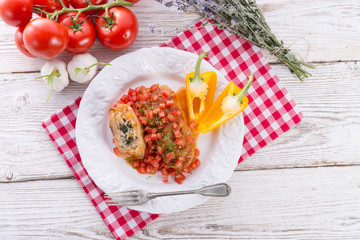 Vegetarian cabbage rolls with spinach and salsa