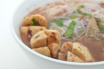 noodle served with meat balls, pork and liver