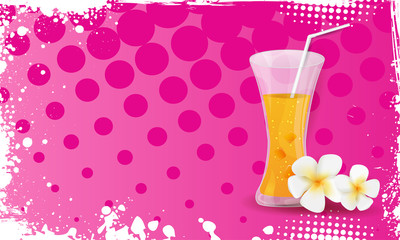 Grunge banner with glass of orange juice and plumeria flowers