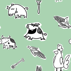 Seamless pattern - cows, hens, pigs