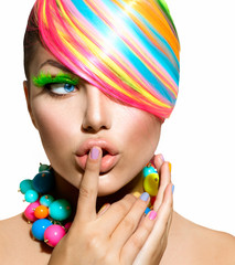 Beauty Girl Portrait with Colorful Makeup, Hair and Accessories