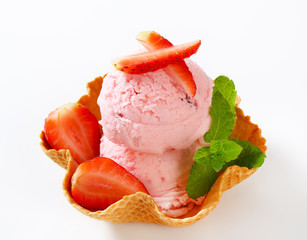 Pink ice cream in waffle basket
