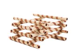 Waffle rolls with chocolate cream.