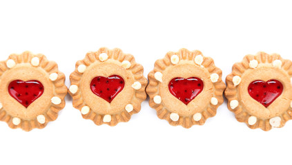 Row heart shaped strawberry biscuit.