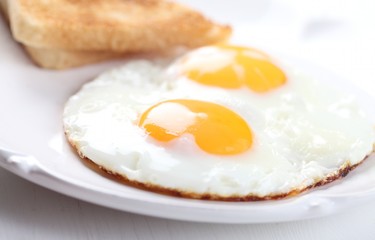Detail of plate with fried eggs and toasts