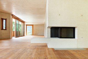 new apartment in cement and wood,room with fireplace