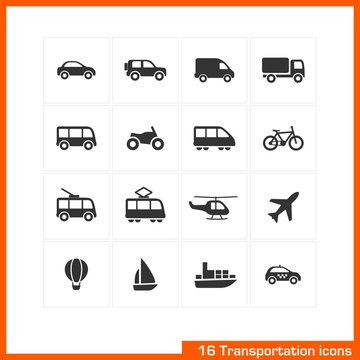 Transportation icons set. Vector black pictograms.