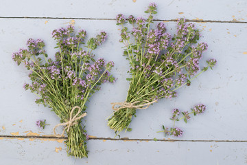 bunches of thyme on table