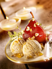 stewed pear served with ice cream