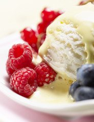 vanilla ice cream with sauce and fruits