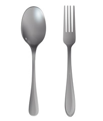 Realistic fork and spoon on white background. Vector design.