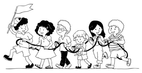 Group of kids is playing rope train