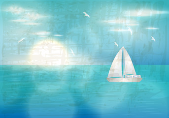 Retro blue ocean with sailing boat illustration