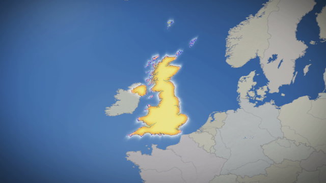 United Kingdom on map of Europe. Country pull out. Blue