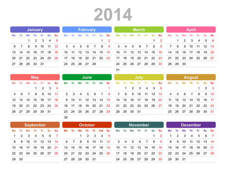 2014 year annual calendar (Monday first, English)