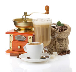 cup of coffee and beans on white