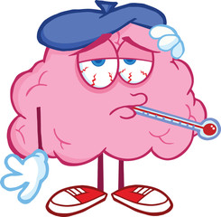 Sick Brain Cartoon Character With Thermometer